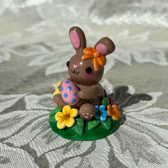 Handmade Easter Bunny Polymer Clay Figurine Sculpture Spring Decor - Picture 2 of 11